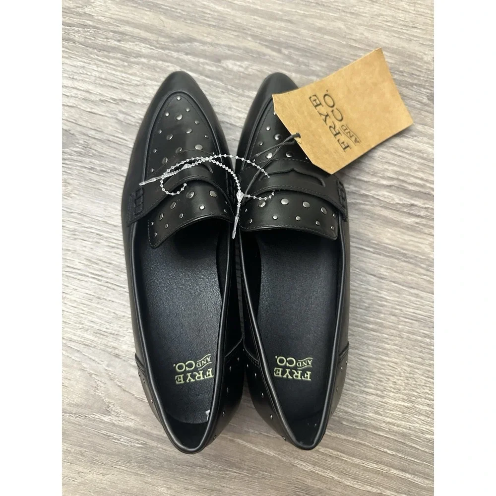 New Frye & Co Elara Black Faux Leather Studded Penny Loafers Flats 7.5 M
